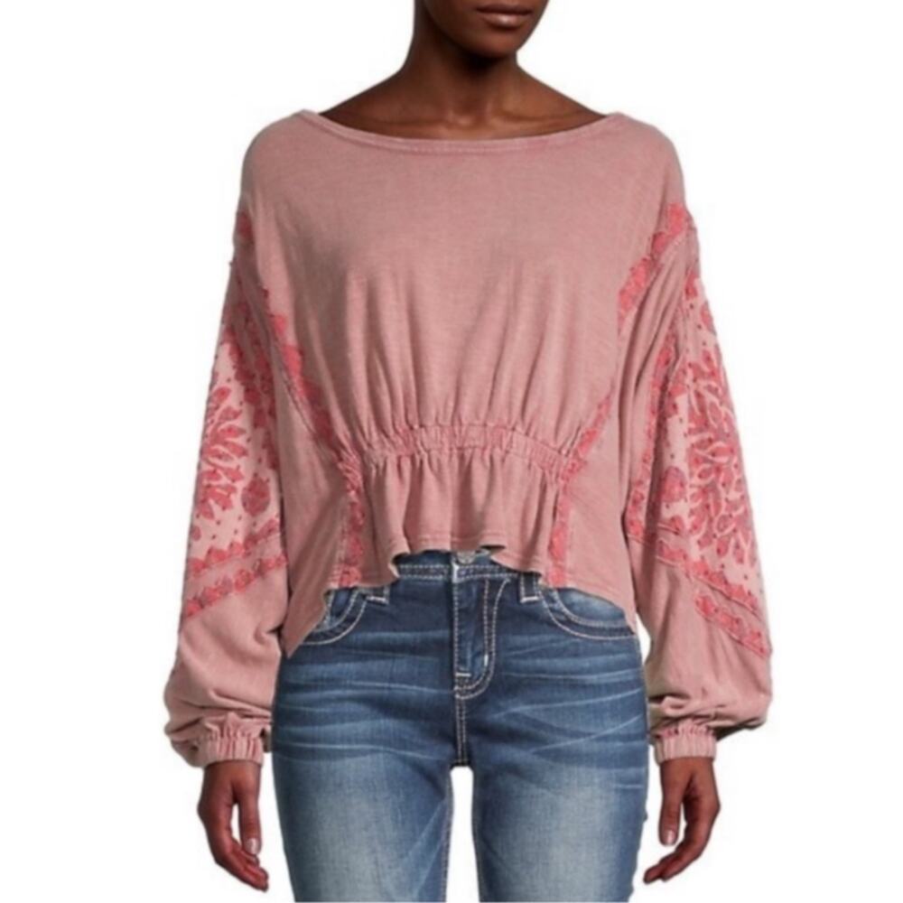 NWOT FREE PEOPLE Top L Pink Rose-Blush Embroidery Crochet Balloon-Long-Sleeve